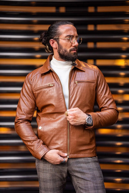 Paris Tan Slim Fit Zipper Leather Jacket - BRABION