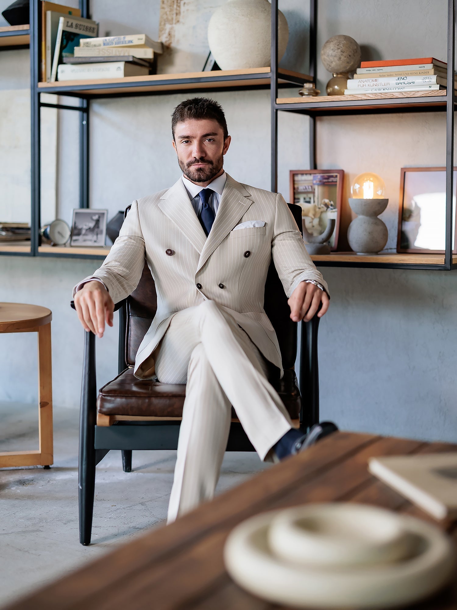 Beige Striped Double Breasted Suit 2-Piece VIOSSI