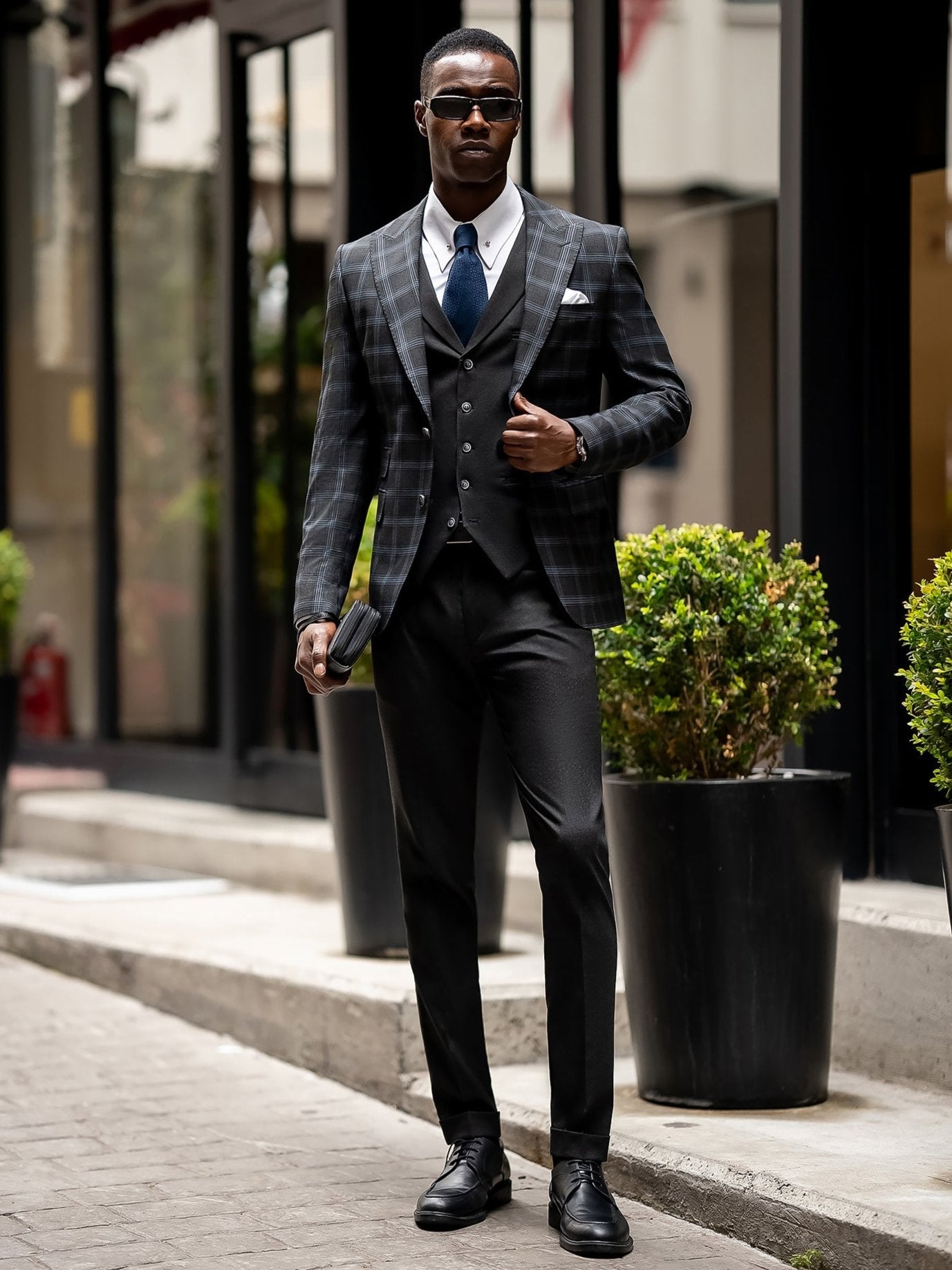 Dark Navy Plaid Slim-Fit Suit 3-Piece VIOSSI