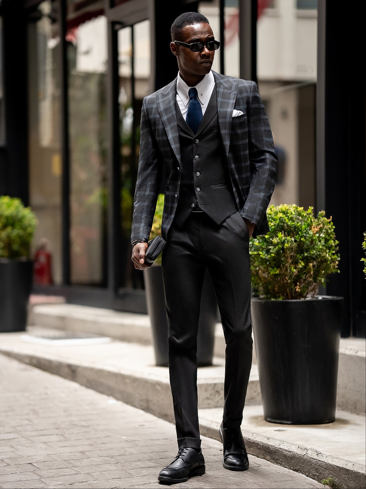 Dark Navy Plaid Slim-Fit Suit 3-Piece VIOSSI