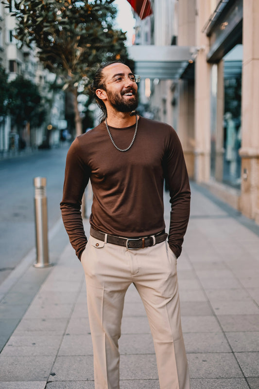 Brabion Rocco Brown Slim Fit Round Neck Sweater - BRABION