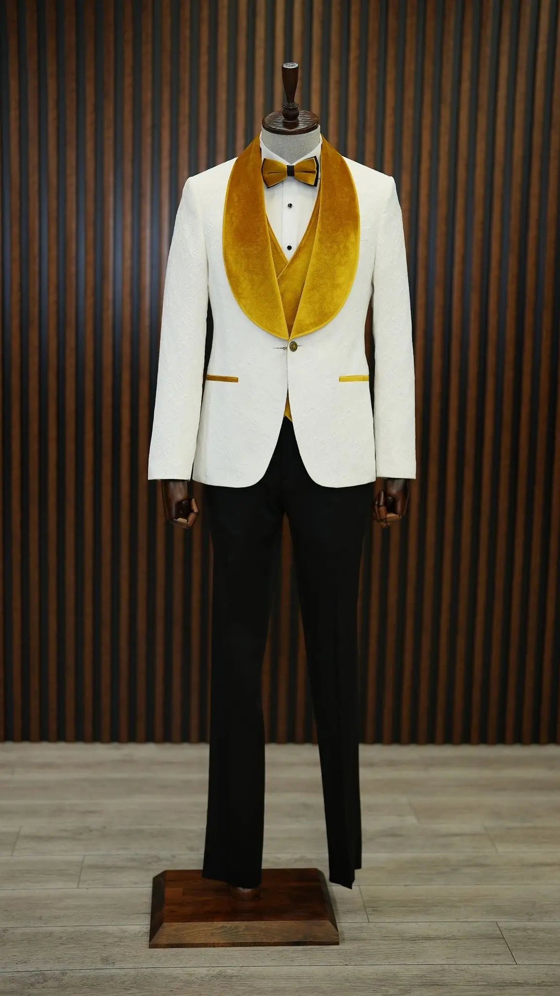 Fiore White Yellow Slim Fit Velvet Shawl Lapel Tuxedo - A Statement of Elegance - BRABION