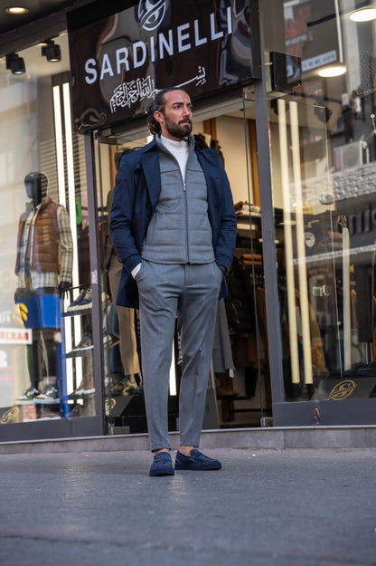 Brabion Navy Blue Slim Fit Double Breasted Long Coat - BRABION