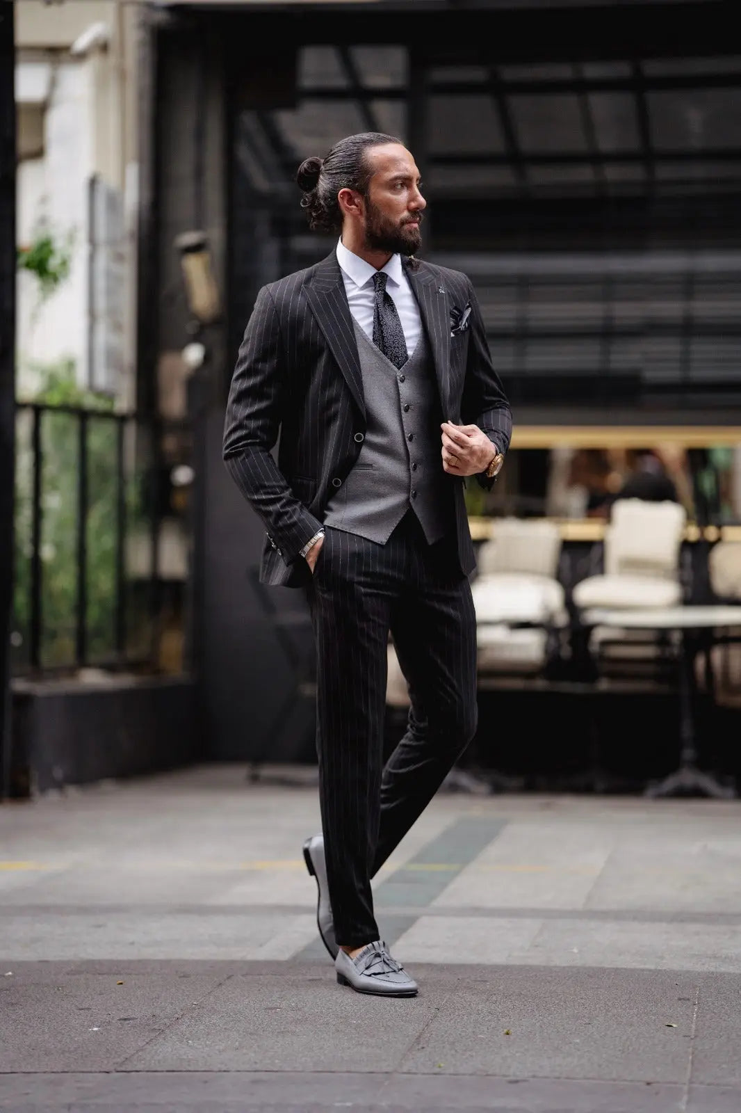 Paris Black Slim Fit Pinstripe Combination Suit brabion