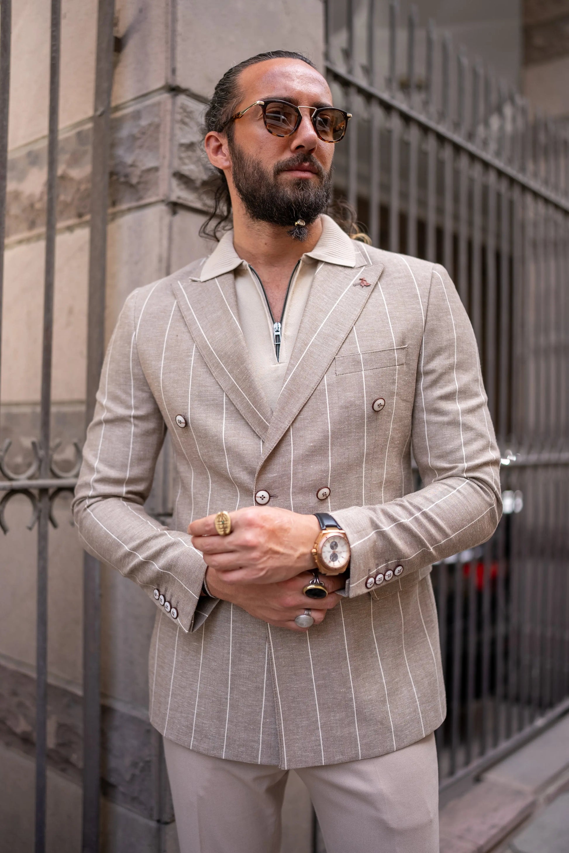 Brabion Noah Beige Slim Fit Double Breasted Striped Blazer - BRABION