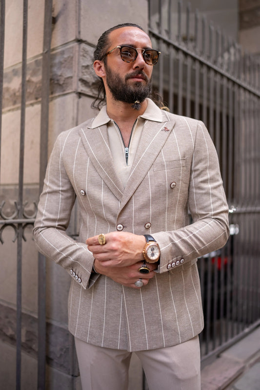 Brabion Noah Beige Slim Fit Double Breasted Striped Blazer - BRABION