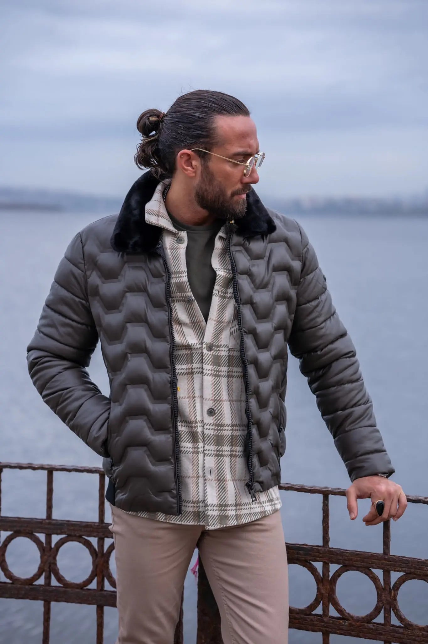 Brabion Gray Slim Fit Fur Coat - BRABION