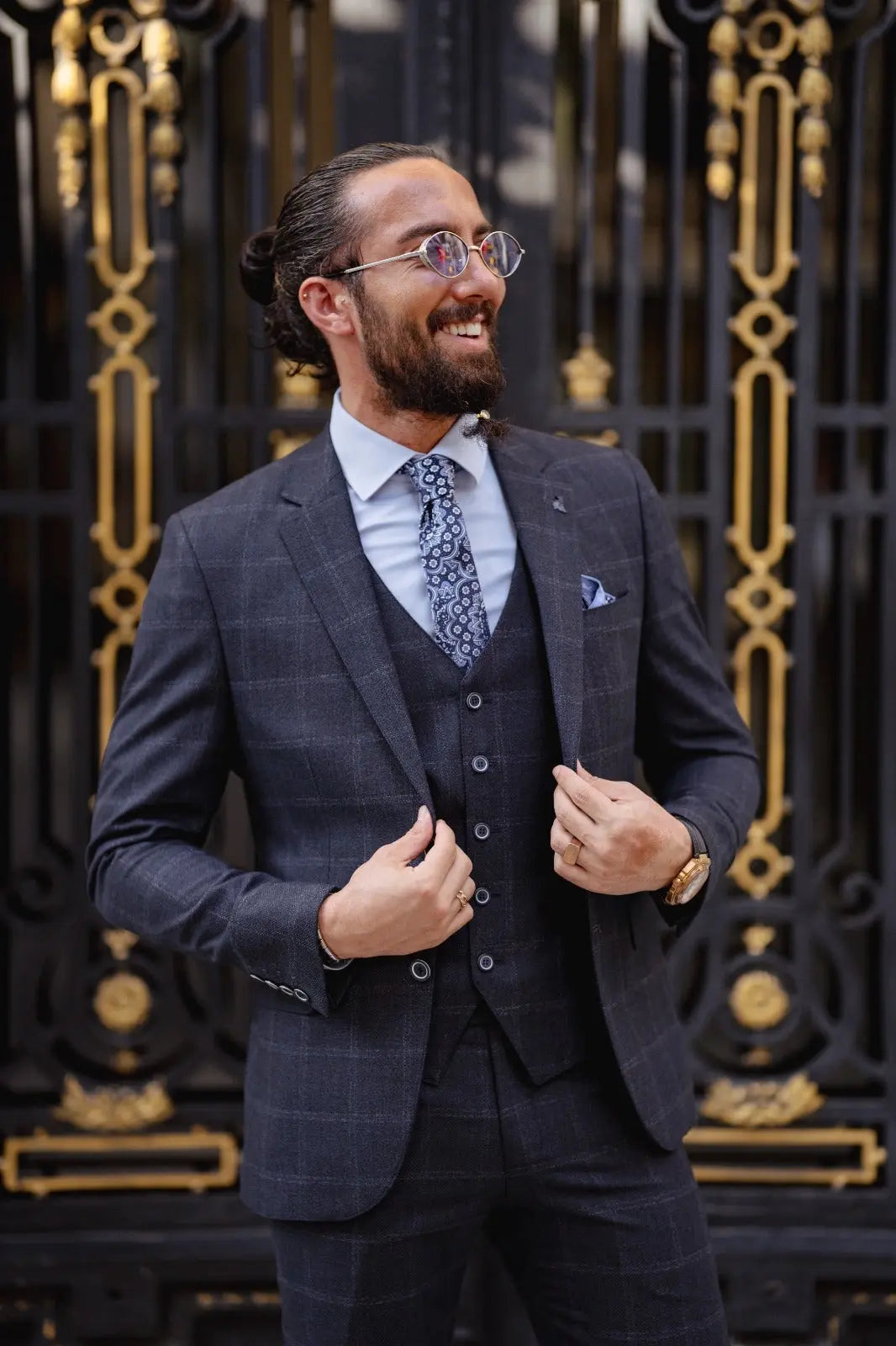 Paris Navy Blue Slim Fit Notch Lapel 3 Piece Check Suit brabion