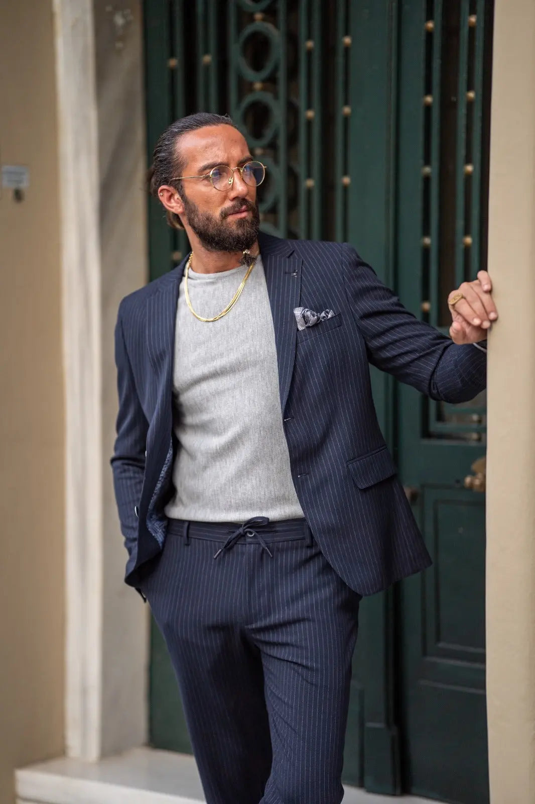 Ardean Navy Blue Slim Fit Notch Lapel Pinstripe Suit brabion