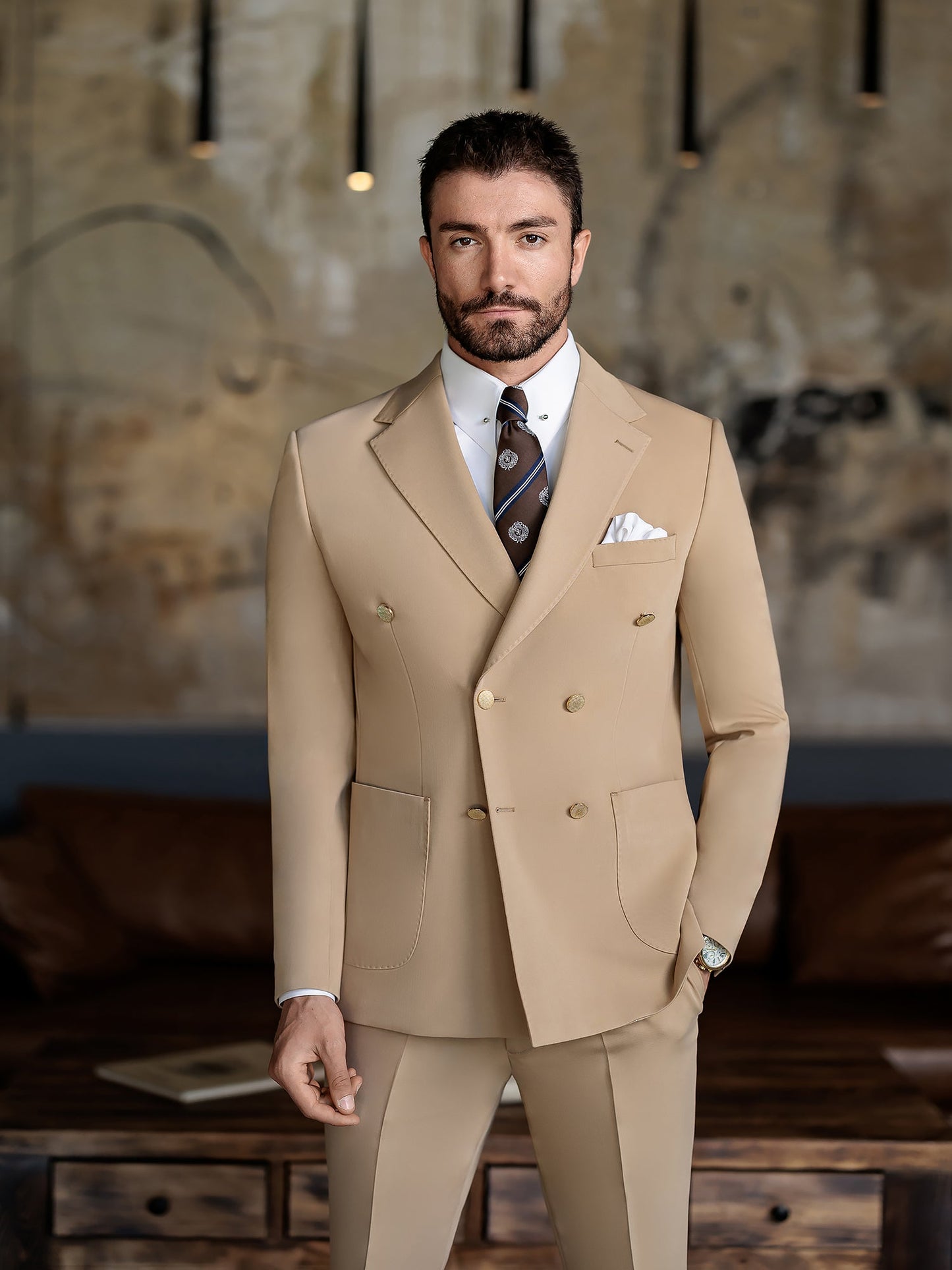 Camel Double Breasted Suit 2-Piece VIOSSI