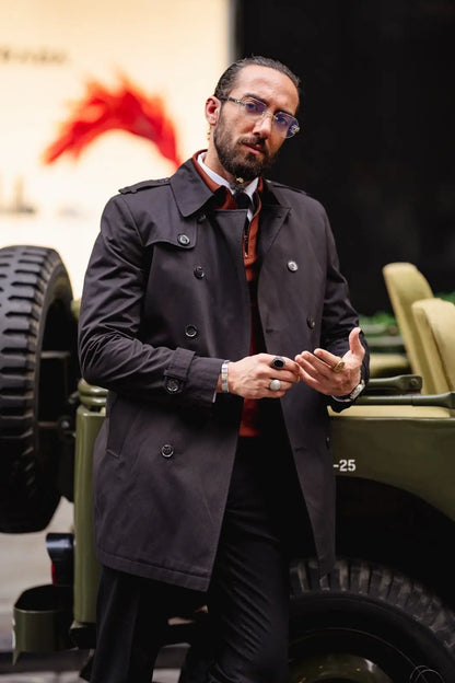Paris Black Slim Fit Double Breasted Long Coat - BRABION