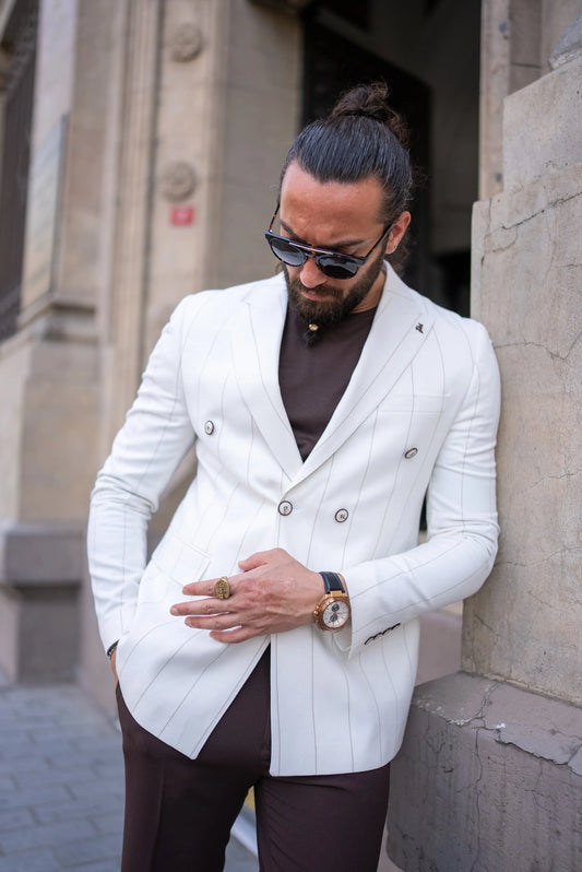 Brabion Noah White Slim Fit Double Breasted Striped Blazer - BRABION