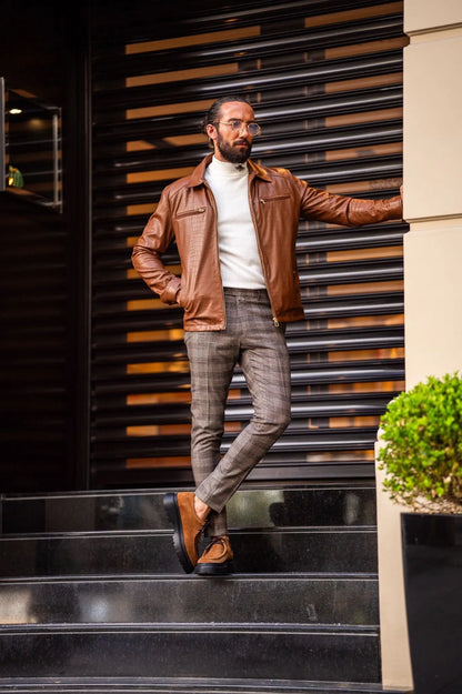 Paris Tan Slim Fit Zipper Leather Jacket - BRABION