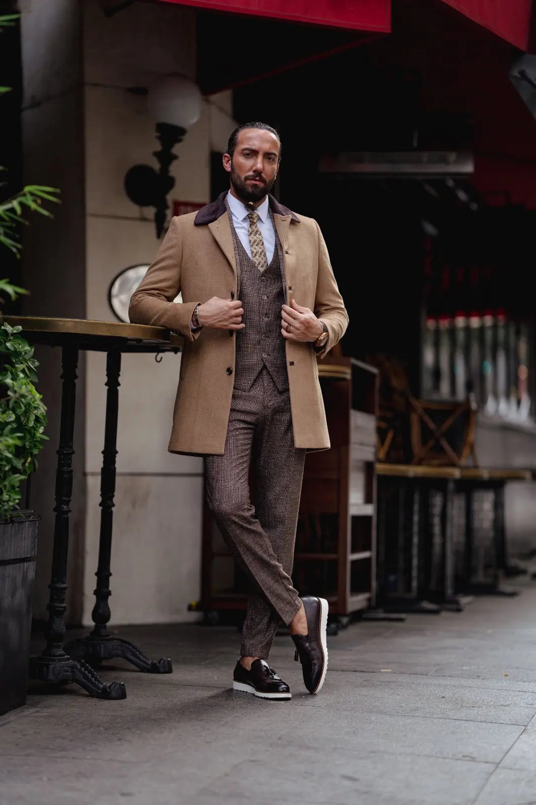Paris Slim Fit Fur Detailed Camel Woolen Coat - BRABION