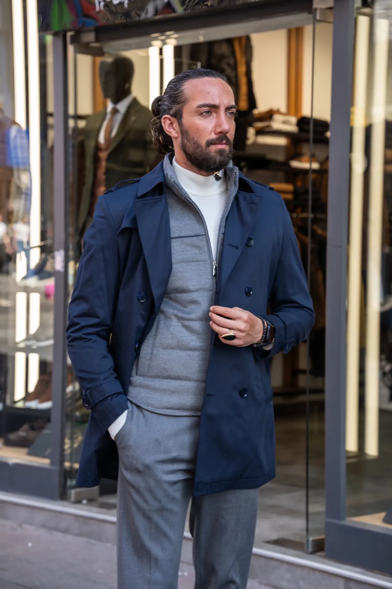 Brabion Navy Blue Slim Fit Double Breasted Long Coat - BRABION