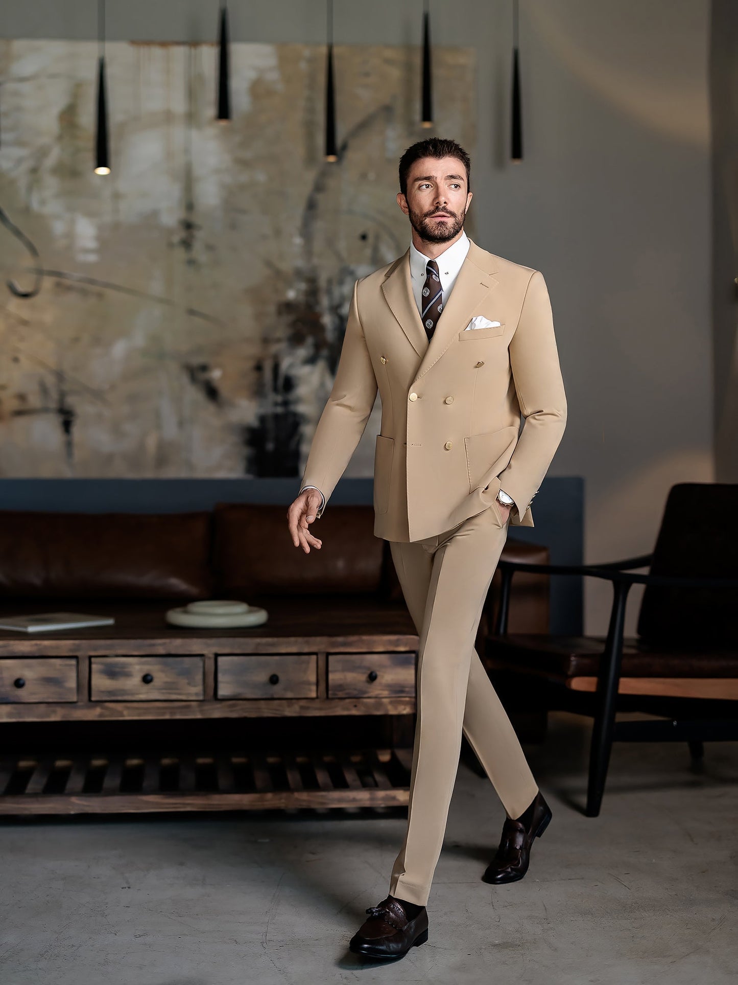 Camel Double Breasted Suit 2-Piece VIOSSI