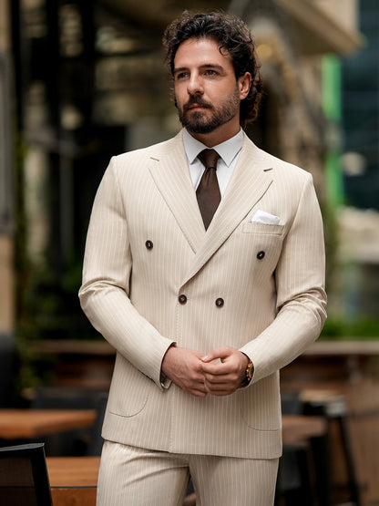 Beige Striped Double Breasted Suit 2-Piece VIOSSI
