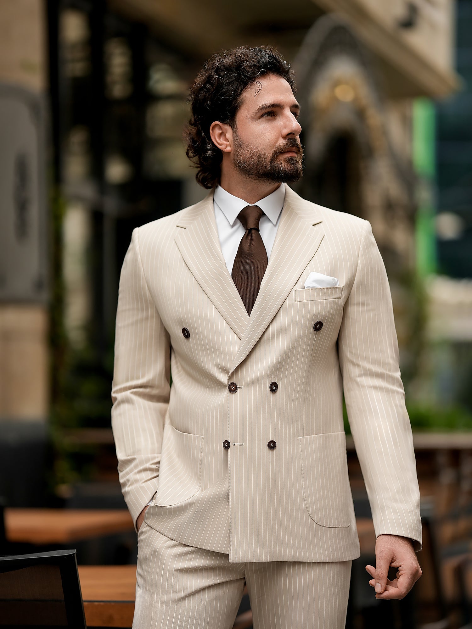 Beige Striped Double Breasted Suit 2-Piece VIOSSI