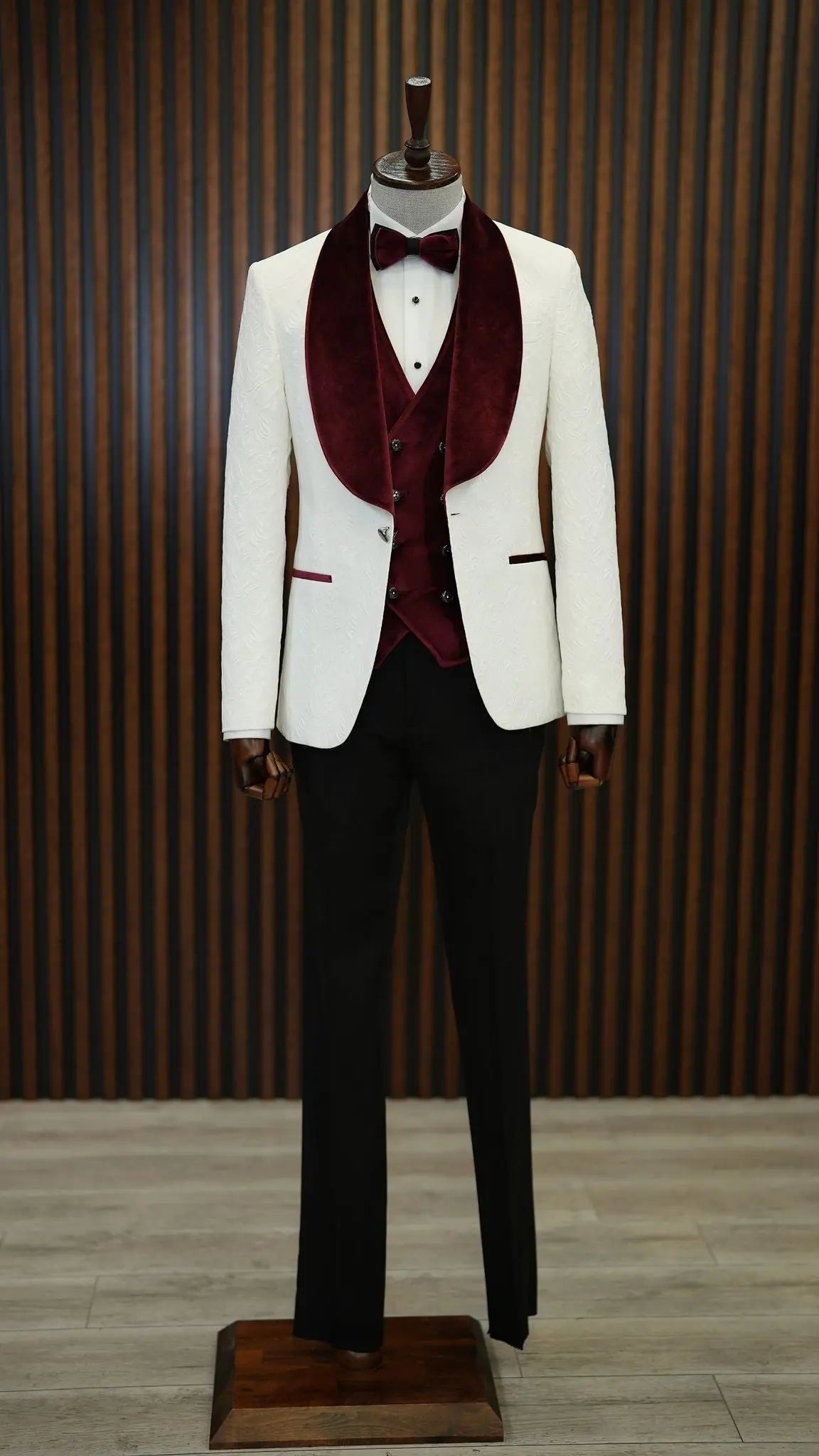 Fiore White Burgundy Slim Fit Velvet Shawl Lapel Tuxedo - BRABION