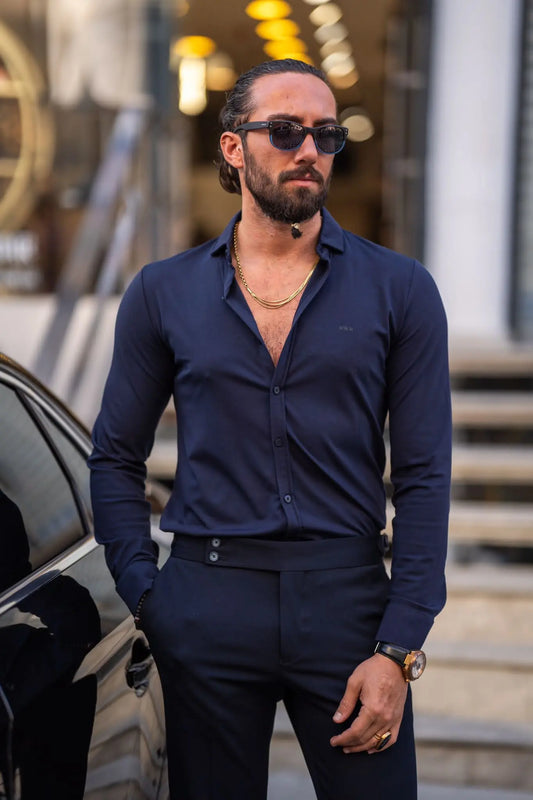 Brabion Ardean Navy Blue Slim Fit Textured Cotton Shirt - BRABION