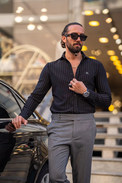 Brabion Ardean Black Slim Fit Pinstripe Cotton Shirt - BRABION