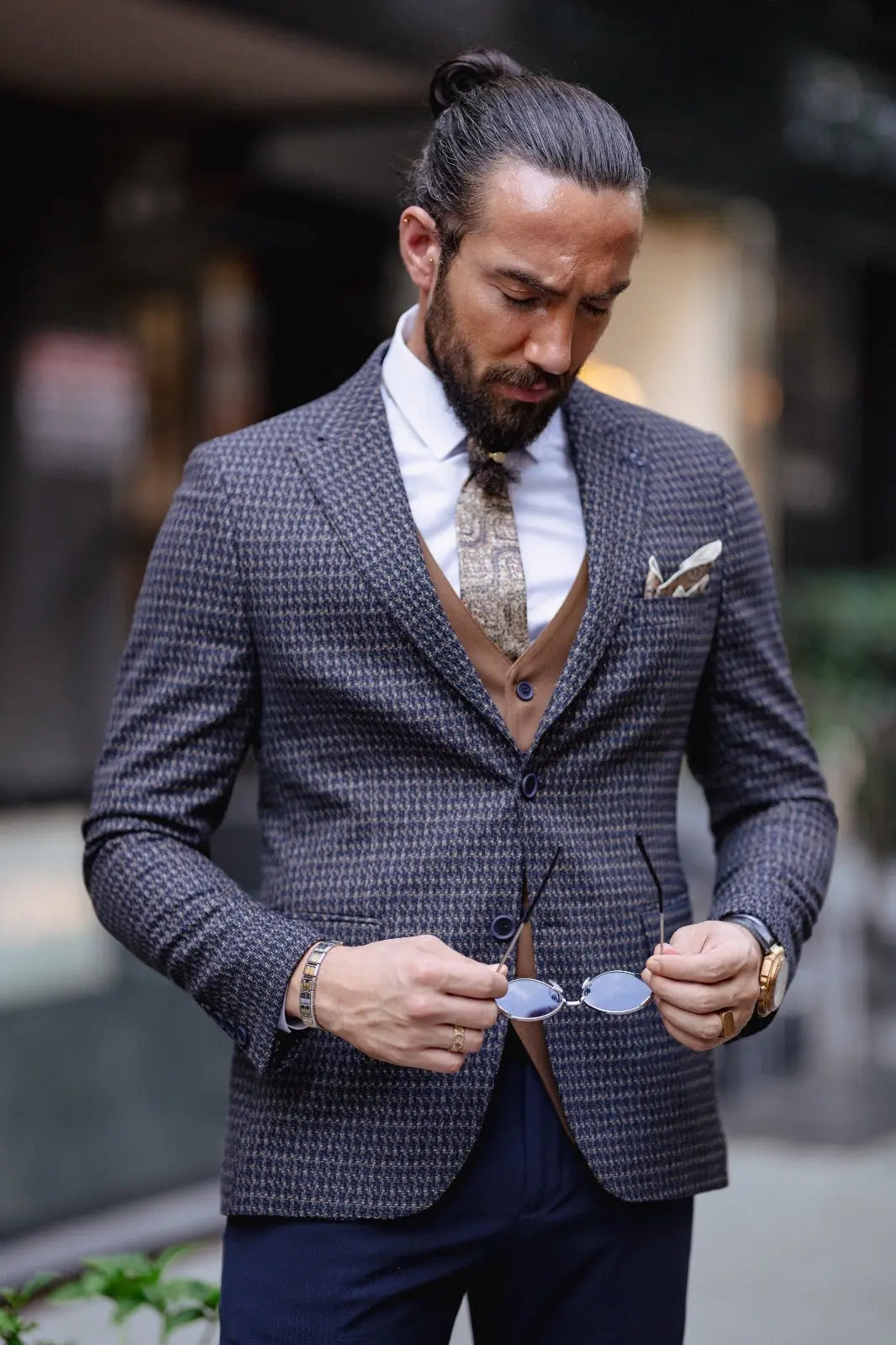 Paris Navy Blue Slim Fit Peak Lapel 3 Piece Combined Suit brabion