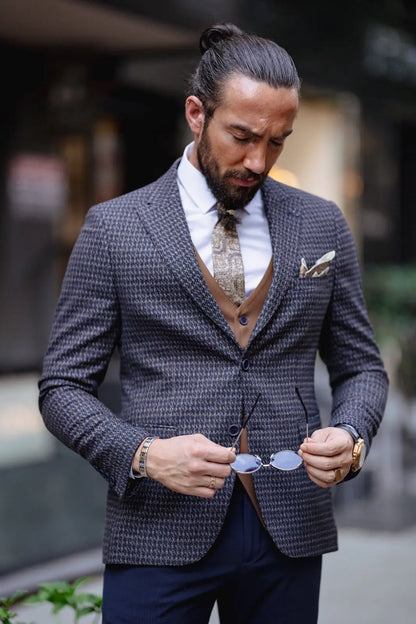 Paris Navy Blue Slim Fit Peak Lapel 3 Piece Combined Suit brabion