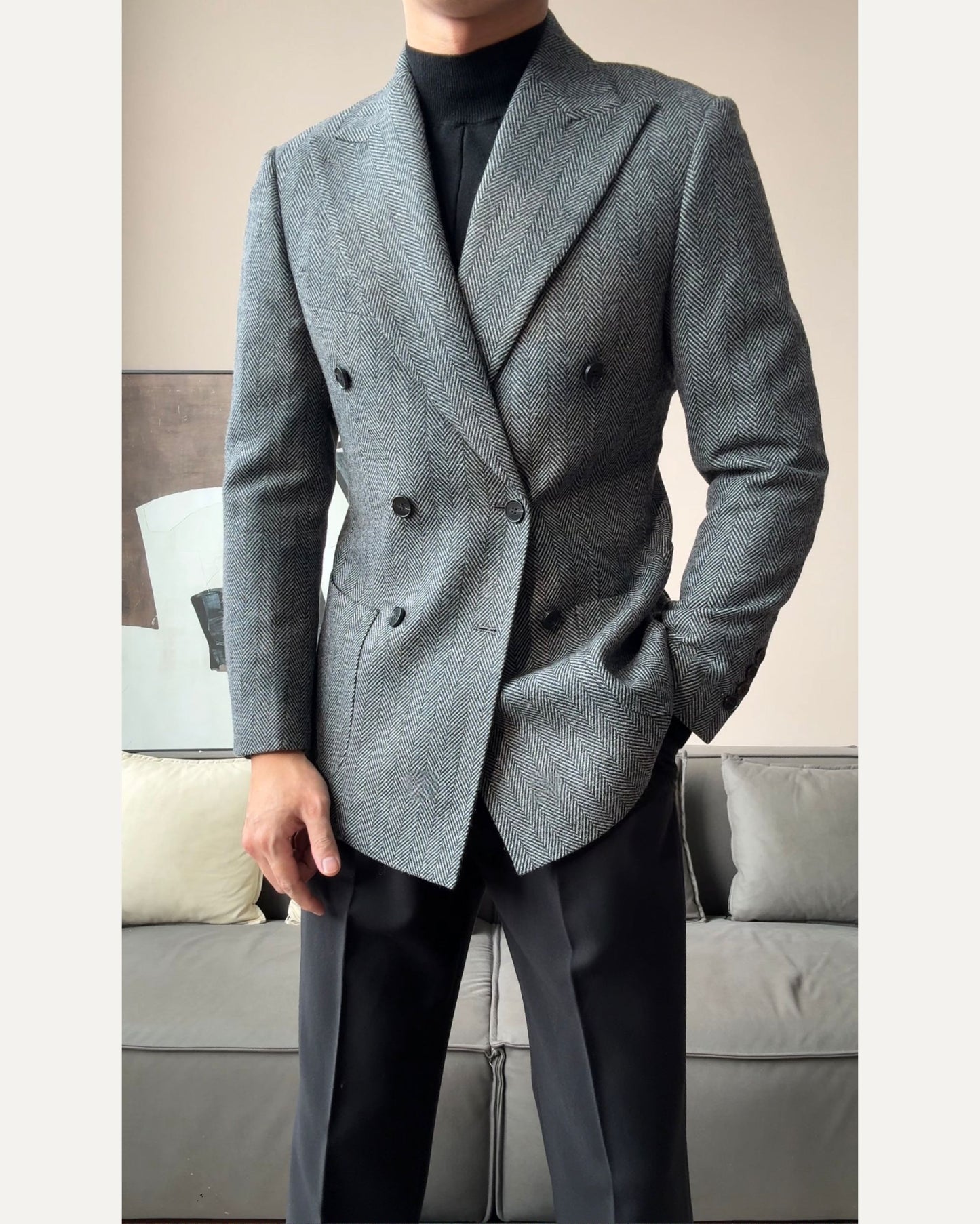 Men’s Retro Herringbone Double-Breasted Blazer - BRABION