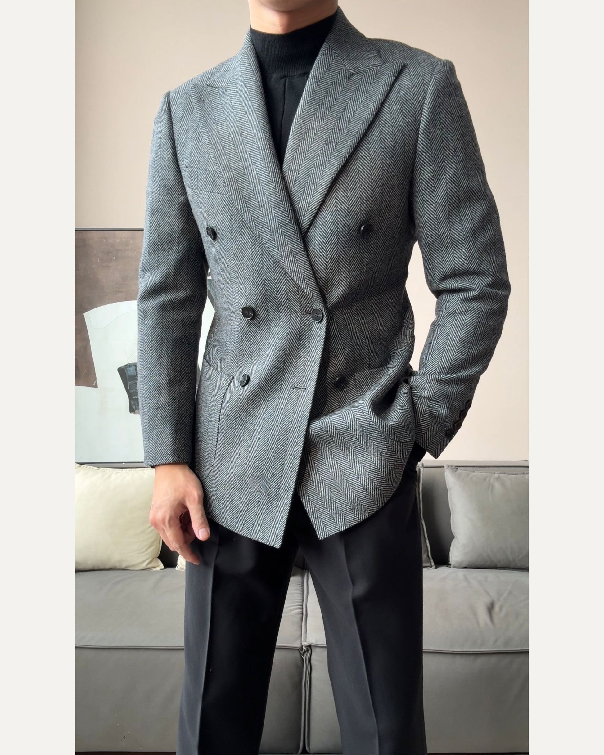 Men’s Retro Herringbone Double-Breasted Blazer - BRABION