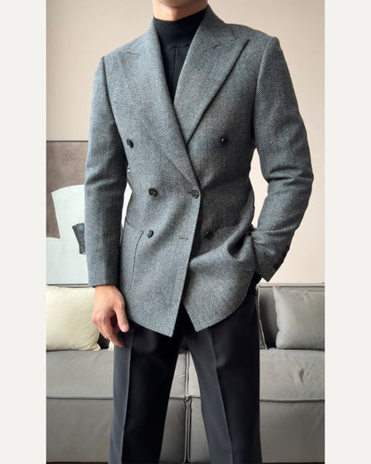 Men’s Retro Herringbone Double-Breasted Blazer - BRABION