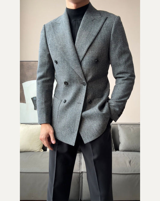 Men’s Retro Herringbone Double-Breasted Blazer - BRABION