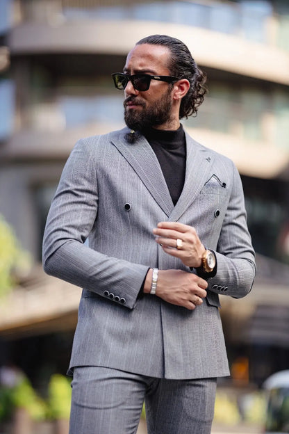 Paris Gray Slim Fit Peak Lapel Double Breasted Striped Suit brabion