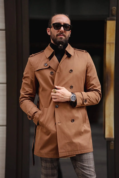 Paris Camel Slim Fit Double Breasted Long Coat – Effortlessly Stylish Elegance - BRABION