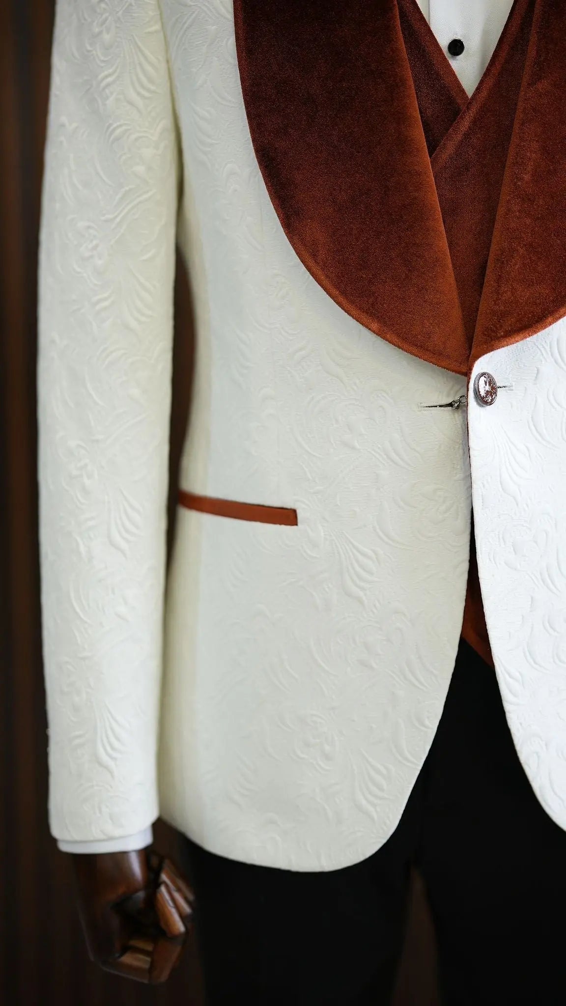 Fiore White Brown Slim Fit Velvet Shawl Lapel Tuxedo - BRABION