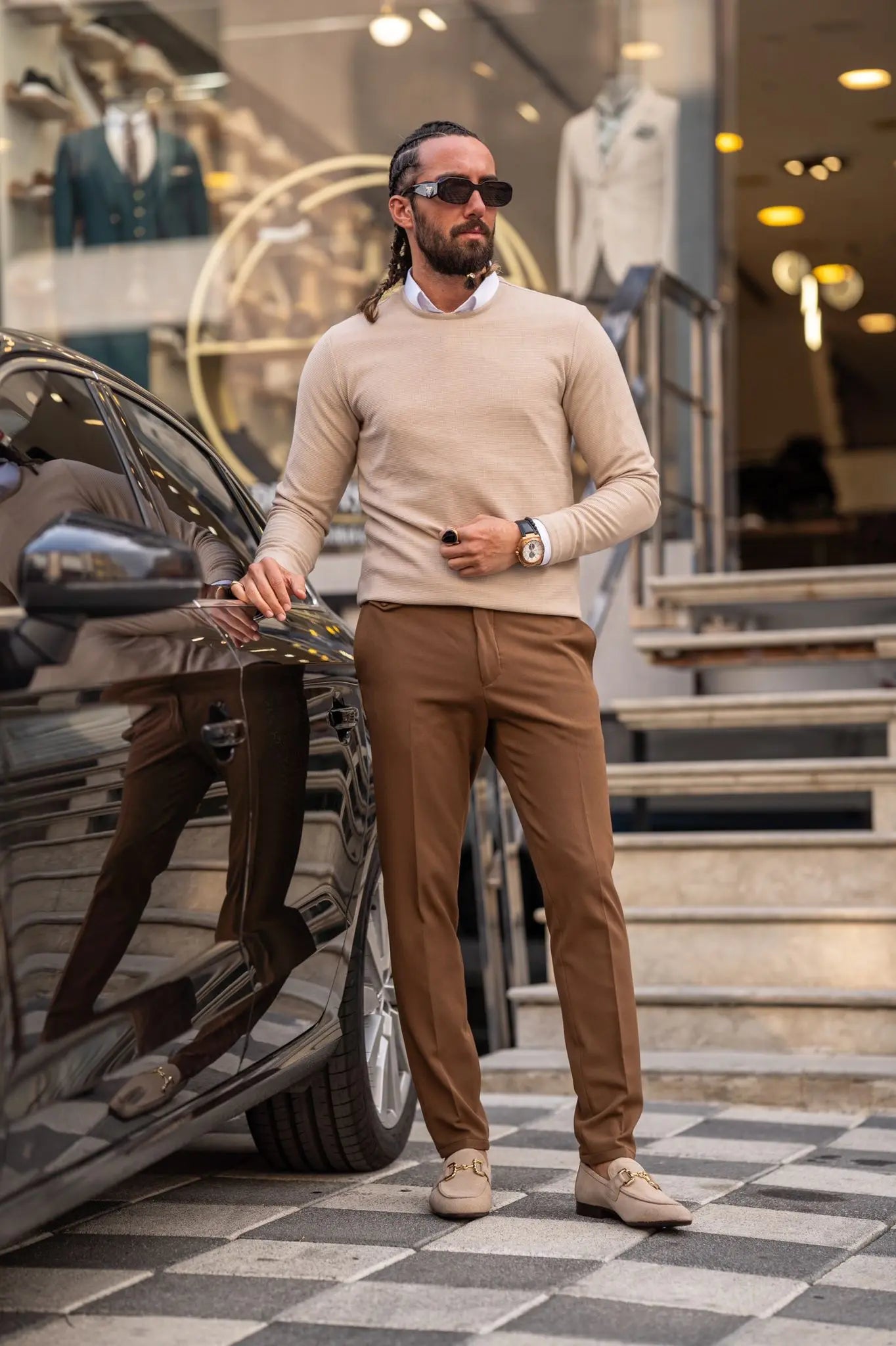 Paul Beige Slim Fit Round Neck Sweater - BRABION