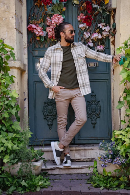 Brabion Paris Beige Green Slim Fit Plaid Shirt - BRABION