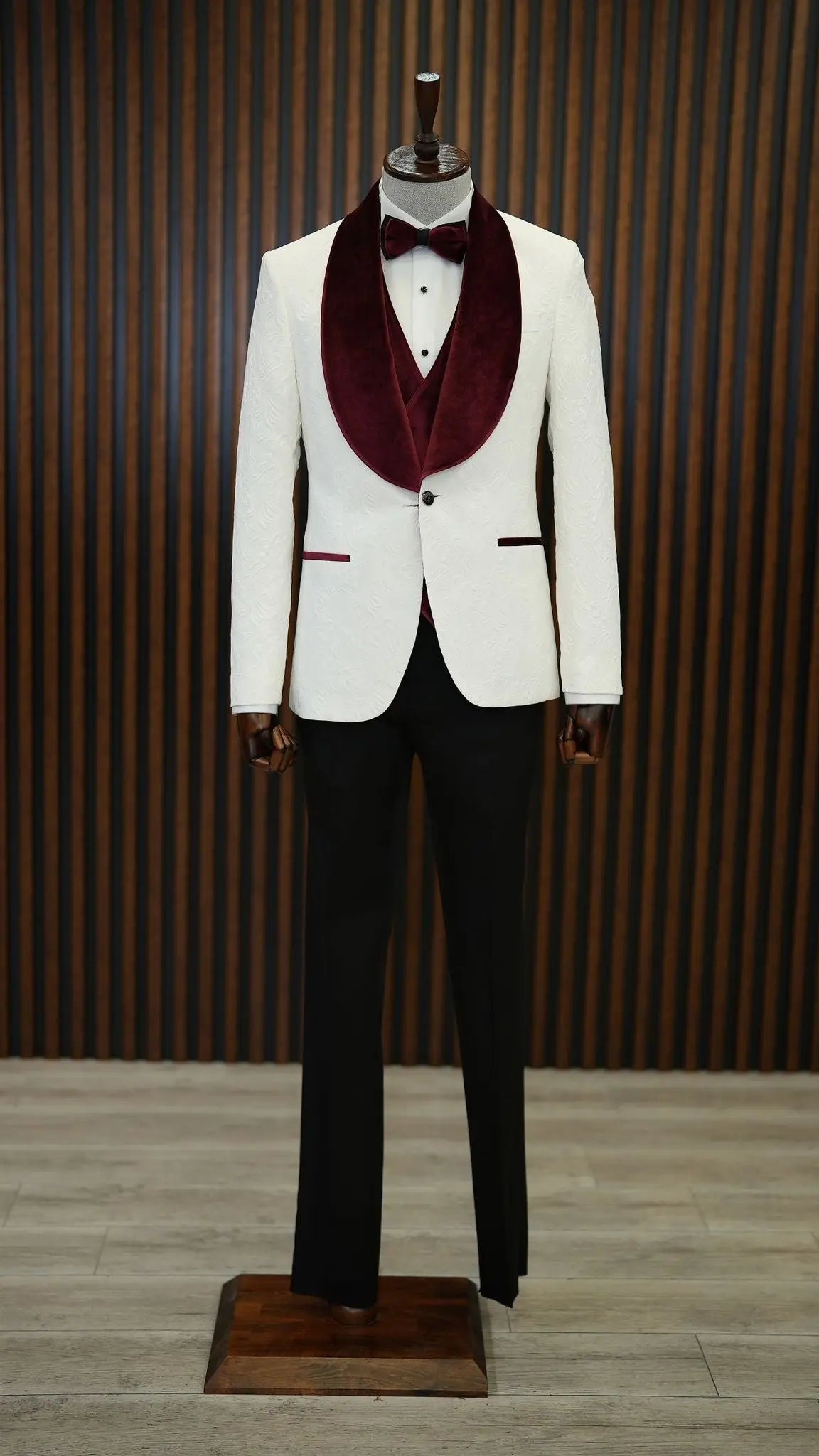 Fiore White Burgundy Slim Fit Velvet Shawl Lapel Tuxedo - BRABION