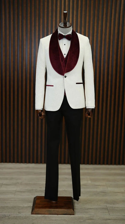 Fiore White Burgundy Slim Fit Velvet Shawl Lapel Tuxedo - BRABION