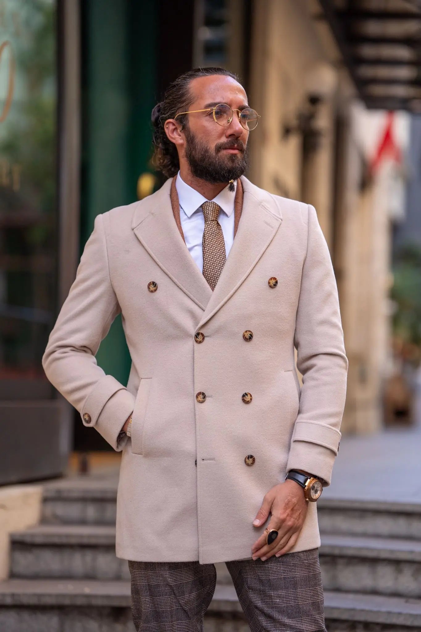 Brabion Beige Slim Fit Long Coat - BRABION