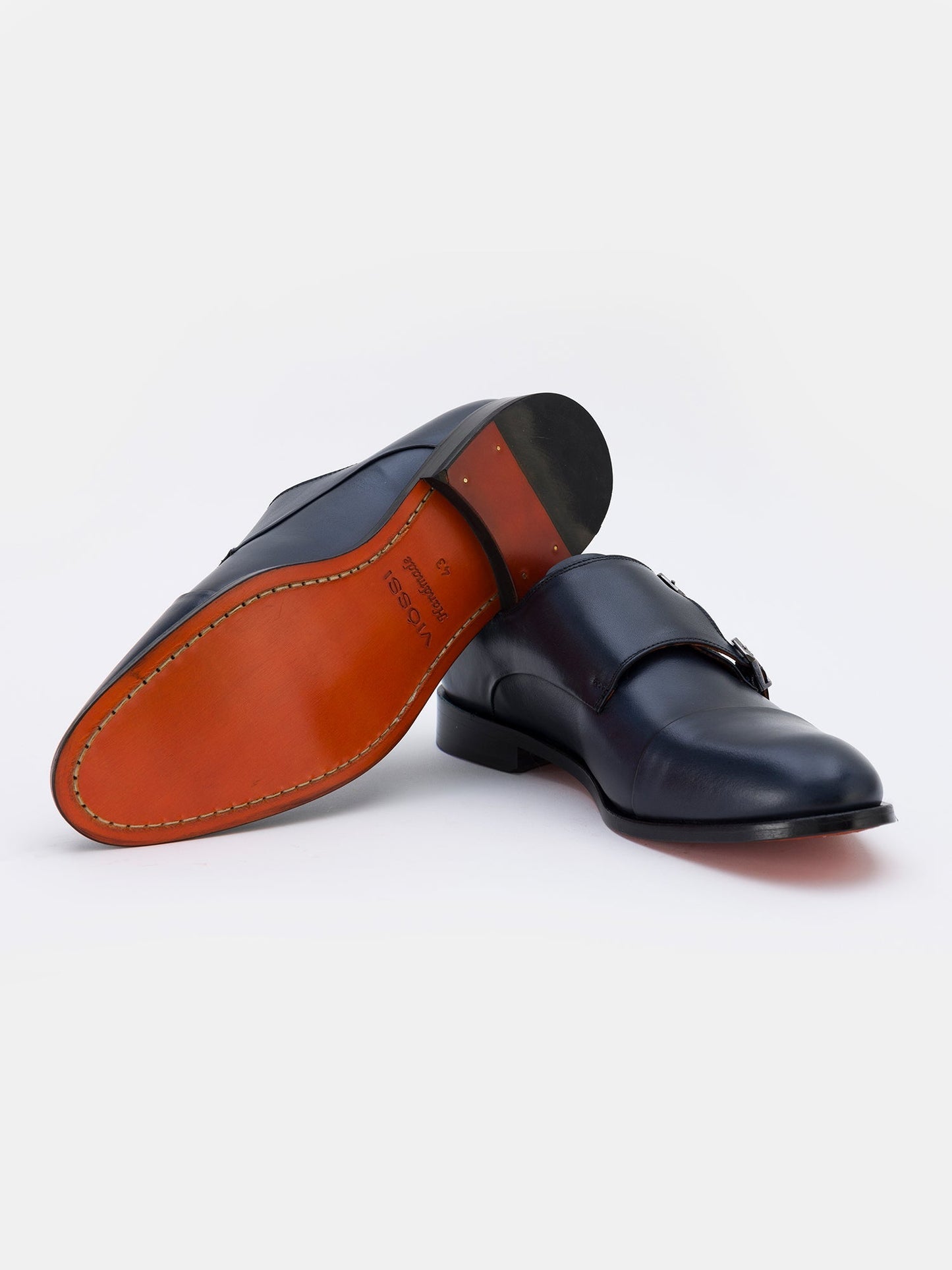 Navy Leather Double Monk Strap Shoes VIOSSI