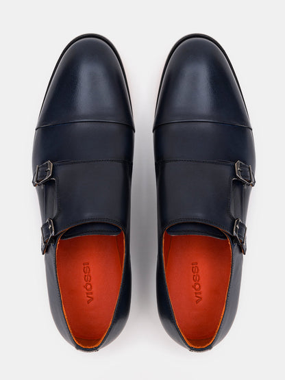 Navy Leather Double Monk Strap Shoes VIOSSI