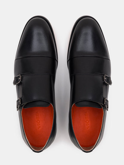 Black Leather Double Monk Strap Shoes VIOSSI
