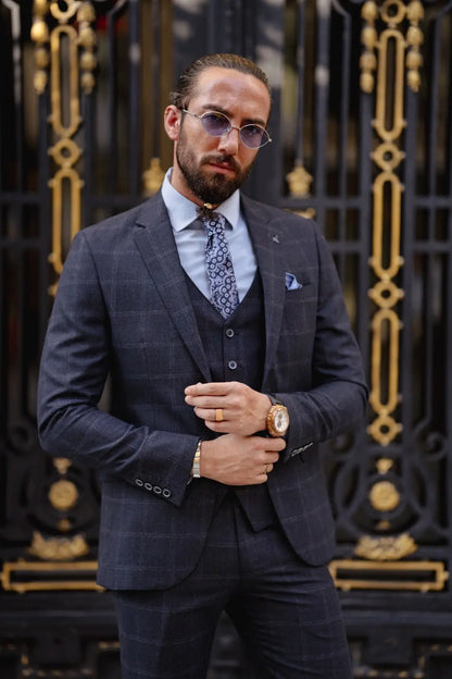 Paris Navy Blue Slim Fit Notch Lapel 3 Piece Check Suit brabion