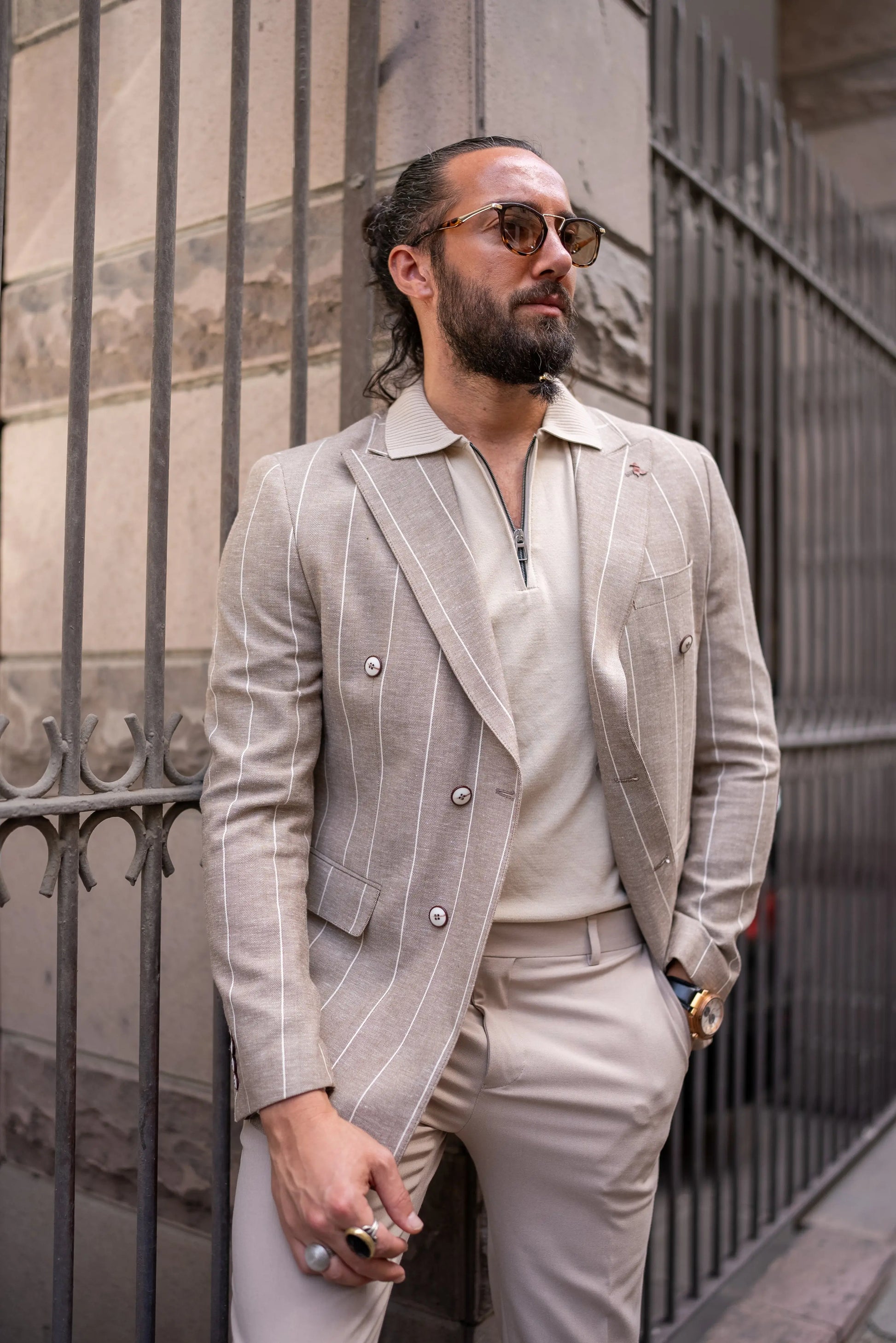 Brabion Noah Beige Slim Fit Double Breasted Striped Blazer - BRABION