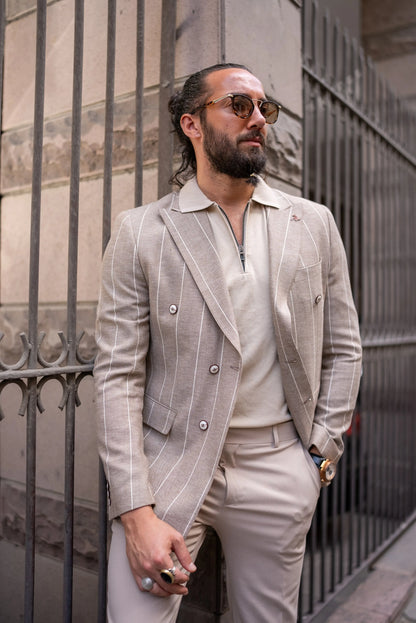Brabion Noah Beige Slim Fit Double Breasted Striped Blazer - BRABION