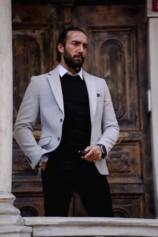 Paris Gray Slim Fit Striped Linen Blazer: The Perfect Blend of Style and Comfort - BRABION