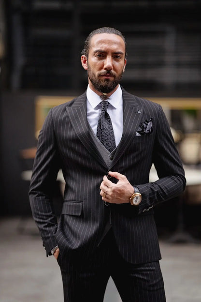 Paris Black Slim Fit Pinstripe Combination Suit brabion
