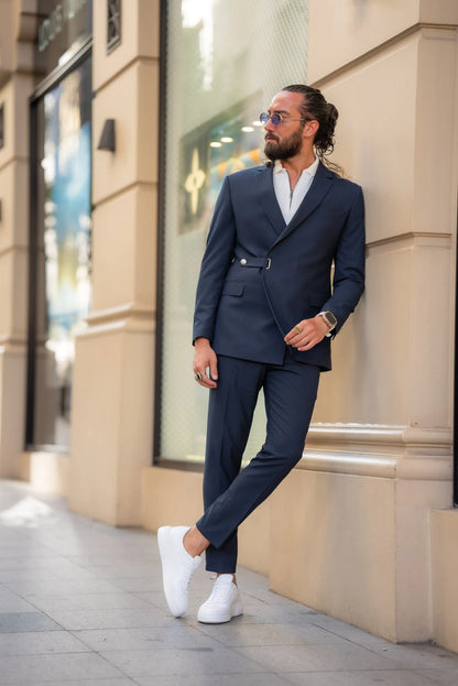 Brabion Alonso Navy Blue Slim Fit Double Breasted Buckle Suit brabion