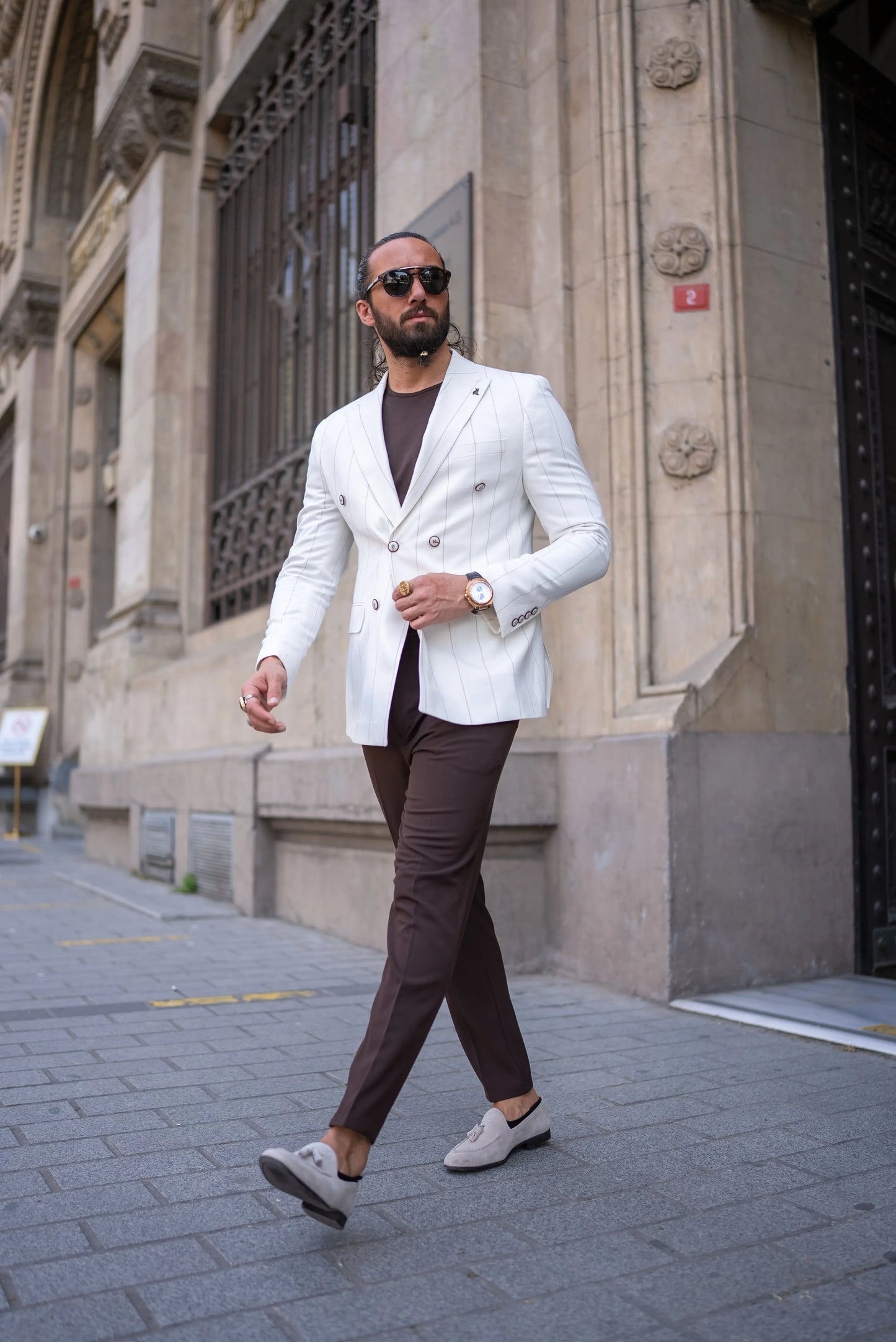 Brabion Noah White Slim Fit Double Breasted Striped Blazer - BRABION