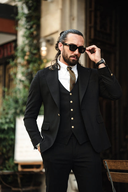 Brabion Noah Jet Black Slim Fit Peak Lapel 3 Piece Suit brabion